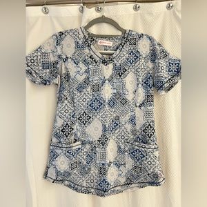 White Cross blue and white scrub top